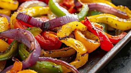 A colorful blend of grilled peppers and onions ready to be used as a topping for tacos or fajitas.