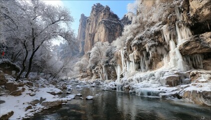 Icy winter landscape in a mountain valley.  Frozen waterfalls cascade down rocky cliffs, with a clear stream running through the snow-covered valley.  Trees are frosted with ice