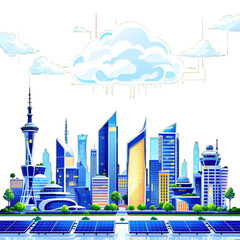 Obraz premium Futuristic cityscape with modern skyscrapers and solar panels in the foreground, symbolizing renewable energy and smart city technology, isolated on transparent background