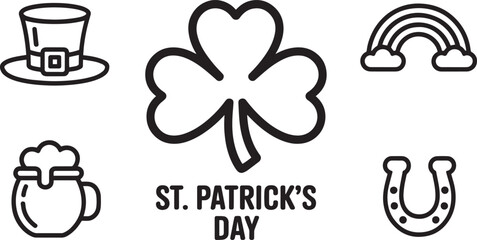 St. Patrick's Day Icons Set Outline Style Shamrock Rainbow Horseshoe Leprechaun Hat Beer
