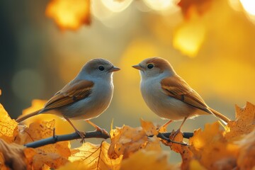 Two small birds perched on a branch surrounded by autumn leaves in soft light