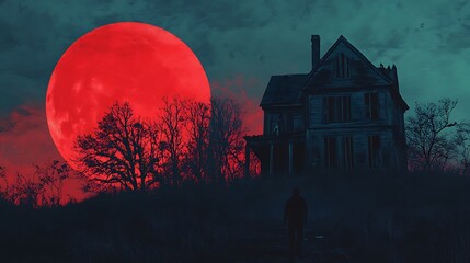 Fototapeta premium Spooky photo of haunted house silhouetted against a blood moon and darkened sky