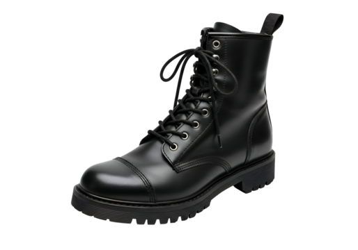 Black Leather Lace-Up Combat Boot with Lug Sole.