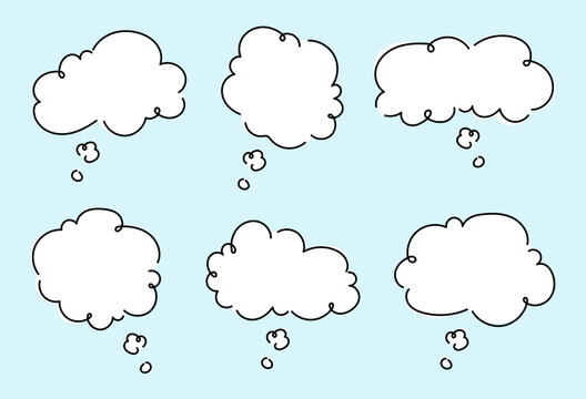 Blank speech or thought bubbles on blue background for design, conversation, and creative concepts. Set of speech or thought bubbles with different shapes, text chat cloud for comments, posts, comics