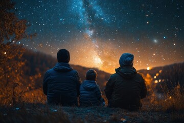 Family enjoys stargazing under a bright night sky in a tranquil landscape