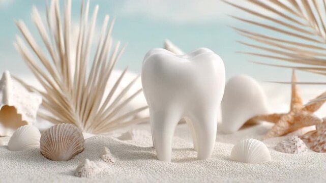 Tooth surrounded by sand and seashells