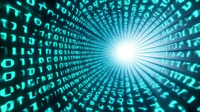 A teal-glowing tunnel of cascading digital code