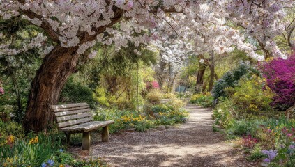 Spring garden path with cherry blossoms and bench