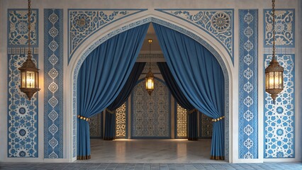 Ornate islamic archway with blue velvet curtains and lanterns