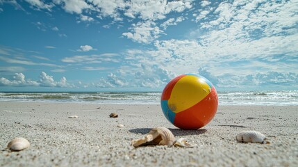 Obraz premium A bright beach ball resting on the sand with the ocean in the background and a few seashells scattered around.