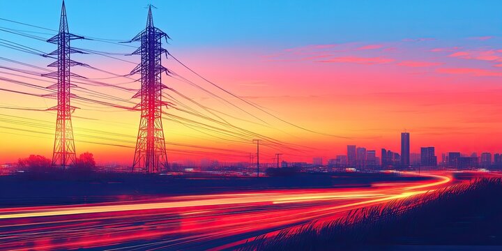 Colorful sunset over city with power lines and motion blur - Powered by Adobe