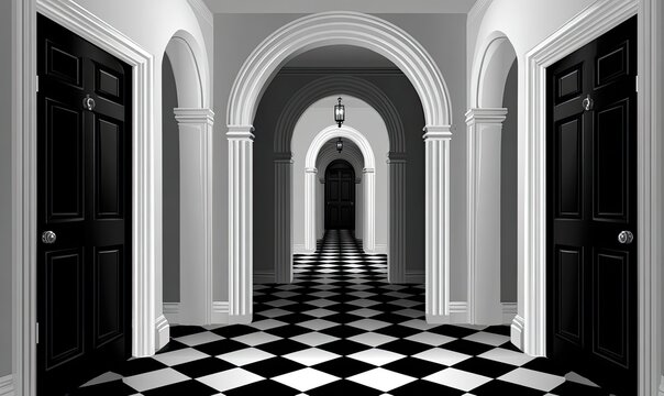 A long, elegant hallway with arched doorways and black doors.  A checkerboard floor and white walls create a classic, symmetrical design