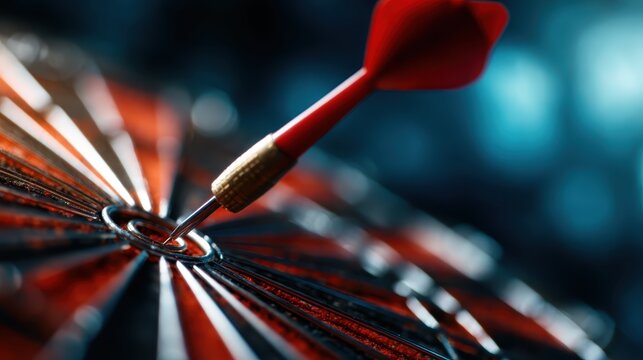 A close-up shot of a dart piercing the bullseye on a dartboard, symbolizing precision, focus, and achievement in striving toward goals and success.