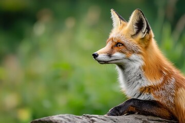 Obraz premium Close-up side view of a fox sitting on a log looking at the sky with green grass background. Macro shallow depth of field wildlife portrait.