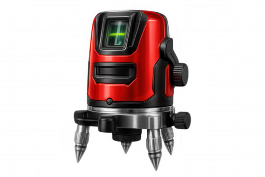 Red rotary laser level emitting green beam, isolated on transparent background, ensures precise measurements for construction and surveying