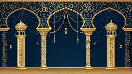 Ornate golden pillars and arches with islamic geometric patterns on dark blue background