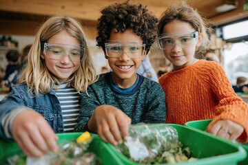 Students participating in recycling activity at school, engaging in sorting materials together