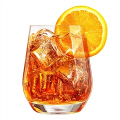 A chilled amber drink in a glass, garnished with an orange slice and ice