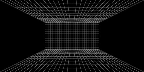 Futuristic perspective grid box. Abstract wireframe with white grid line on black background. Virtual reality landscape in 80s 90s digital style. Vector