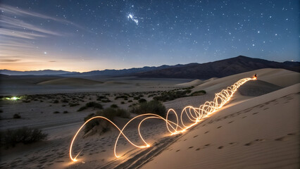 Glowing Trails of Light Painting Across a Desert Dune Under a Starry Night Sky with a Person Sitting on the Ridge