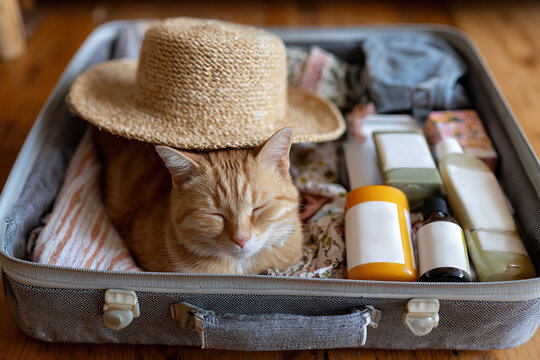 Cat sleeping peacefully in a suitcase wearing a beach hat surrounded by travel essentials