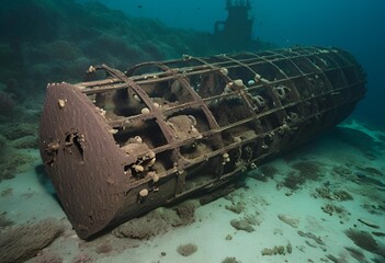 rusting steel cage structure abandoned beneath the sea, slowly decaying and blending with marine environment.
