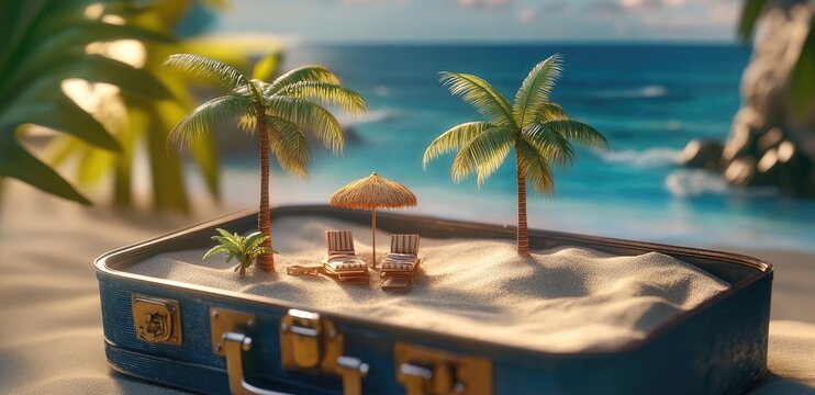 Miniature tropical beach scene inside a vintage suitcase