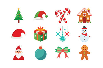 Christmas Celebration Graphic Set – Santa Claus, Elf, Tree, Reindeer, Lights, Hat, Gifts, and Holiday Design Elements 