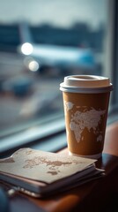 Airport window view, coffee, journal