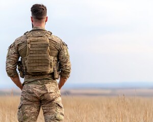 A soldier stands in a field, back to the viewer,  looking out at a vast landscape