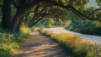 A peaceful nature path along a riverside, with overhanging branches and colorful wildflowers lining the trail.