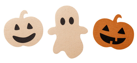 Three Halloween-themed decorations: two smiling pumpkins and a friendly ghost figure in playful colors.