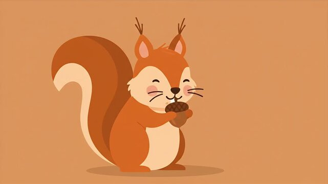 Cute animated cartoon squirrel holding and eating a delicious nut on a brown background.