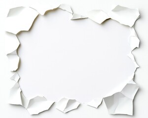 Obraz premium A white paper surface with a ripped-out, irregular, frame-like hole