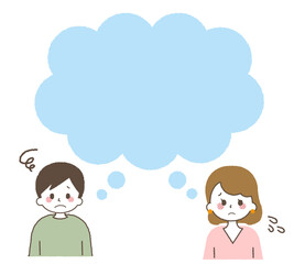吹き出しと悩む男女のベクターイラスト素材。若者のネガティブな表情。