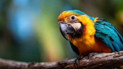 Obraz premium A vibrant and colorful parrot perched on a branch, showcasing its magnificent plumage and the beauty of wildlife, highlighting nature's diverse creatures.