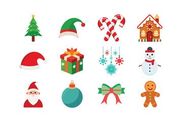 Holiday Celebration Vector Collection – Santa, Elf, Tree, Reindeer, Lights, Hat, Gifts, and Festive Seasonal Icons