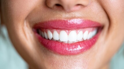 Radiating happiness, a close-up of a woman's dazzling smile showcases her bright white teeth and glistening lips, evoking emotions of joy, confidence, and allure in everyday life.