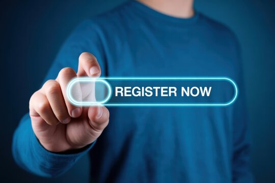 Finger Pointing at "REGISTER NOW", online application and sign up, digital marketing.