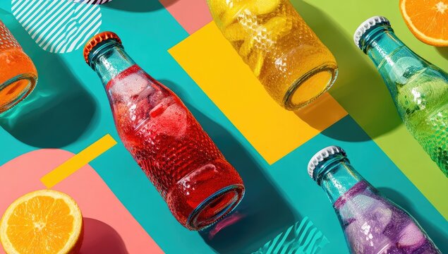 Colorful, vibrant drinks in glass bottles, with fruit and ice, arranged on a background of bold, geometric shapes - Powered by Adobe