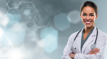 Banner format featuring a smiling female doctor with arms crossed, medical graphics in background, professional corporate medical branding.