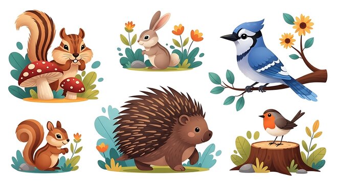 Adorable Cartoon Forest Animals: Squirrel, Rabbit, Bird, Hedgehog, and More on White - Powered by Adobe
