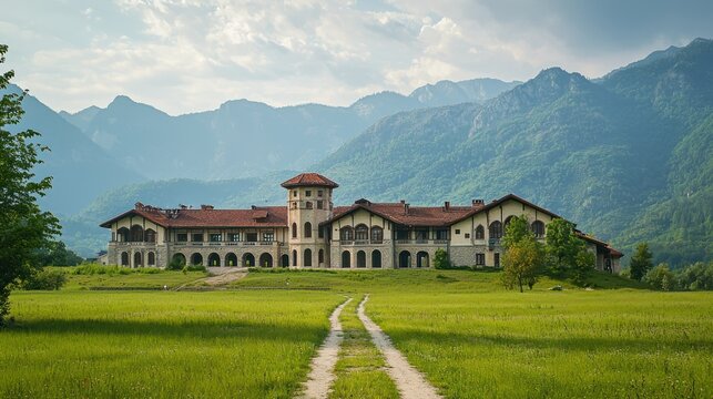 A Romanian orphanage building with rustic architecture, surrounded by green fields and mountains.