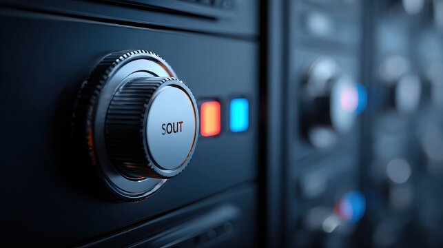 Server control panel with glowing lights and a dial, data management