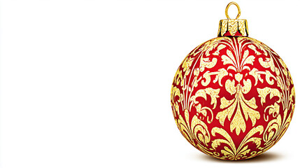Red Christmas ball with golden pattern on a pure white background, space for text


