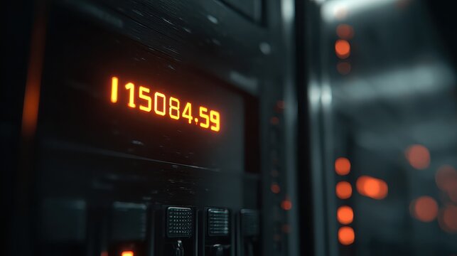 Glowing digital display showing data on a dark machine panel