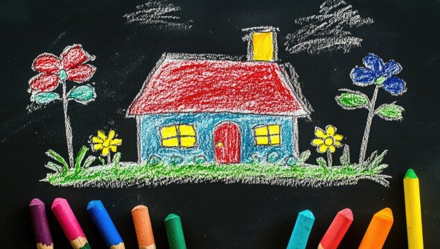 Child's drawing of a house and flowers on a chalkboard, with crayons