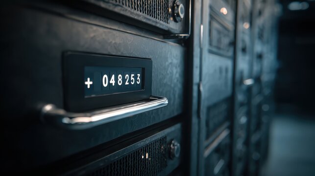 Data center servers with counter displaying numbers, network infrastructure