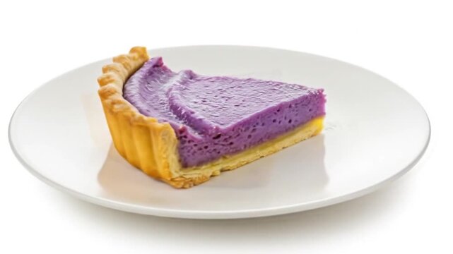 A delicate slice of Okinawan beni imo (purple sweet potato) tart with a buttery shortcrust pastry, showing its vibrant lavender filling. Served on a white ceramic plate with a dusting of sugar.
