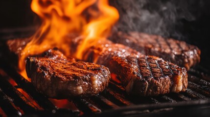 Beef Steaks Searing on a Hot BBQ Grill with Flames